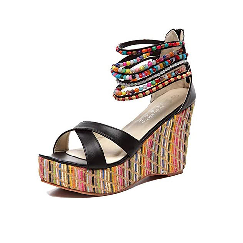 Women Wedge Sandals With Pearls Weave On Platform