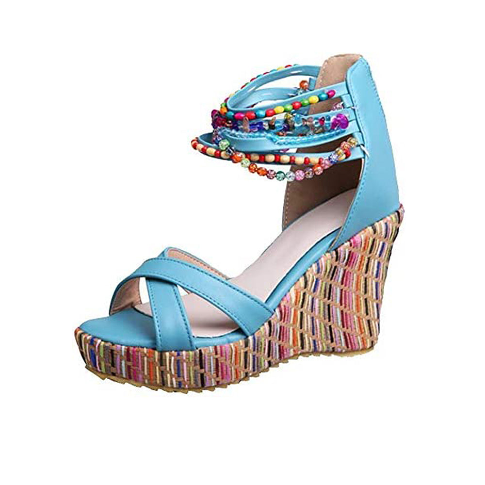 Women Wedge Sandals With Pearls Weave On Platform