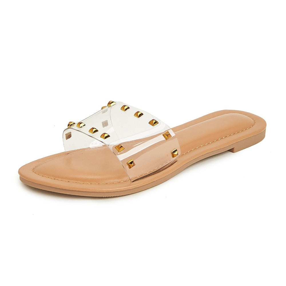 Flat Slide Sandals for Women Dressy Summer Studded Slip On Sandals