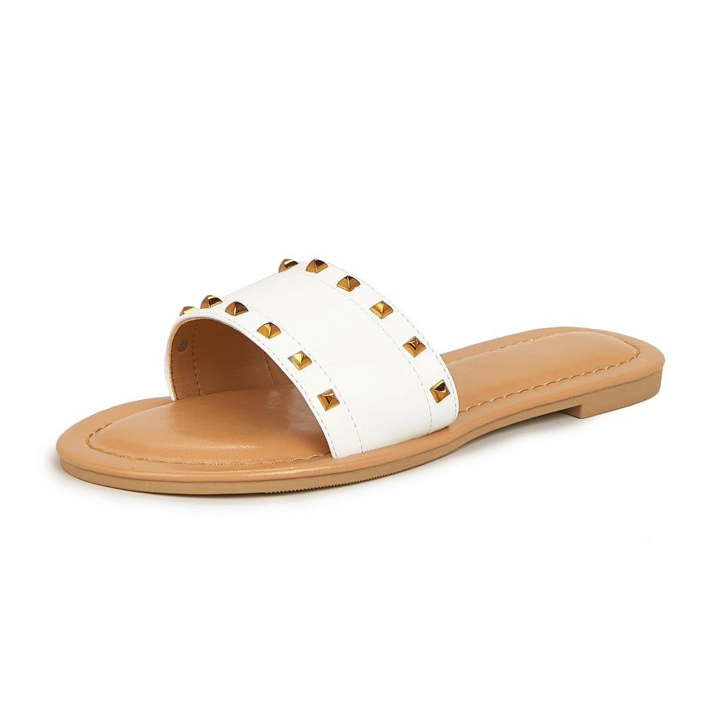 Flat Slide Sandals for Women Dressy Summer Studded Slip On Sandals