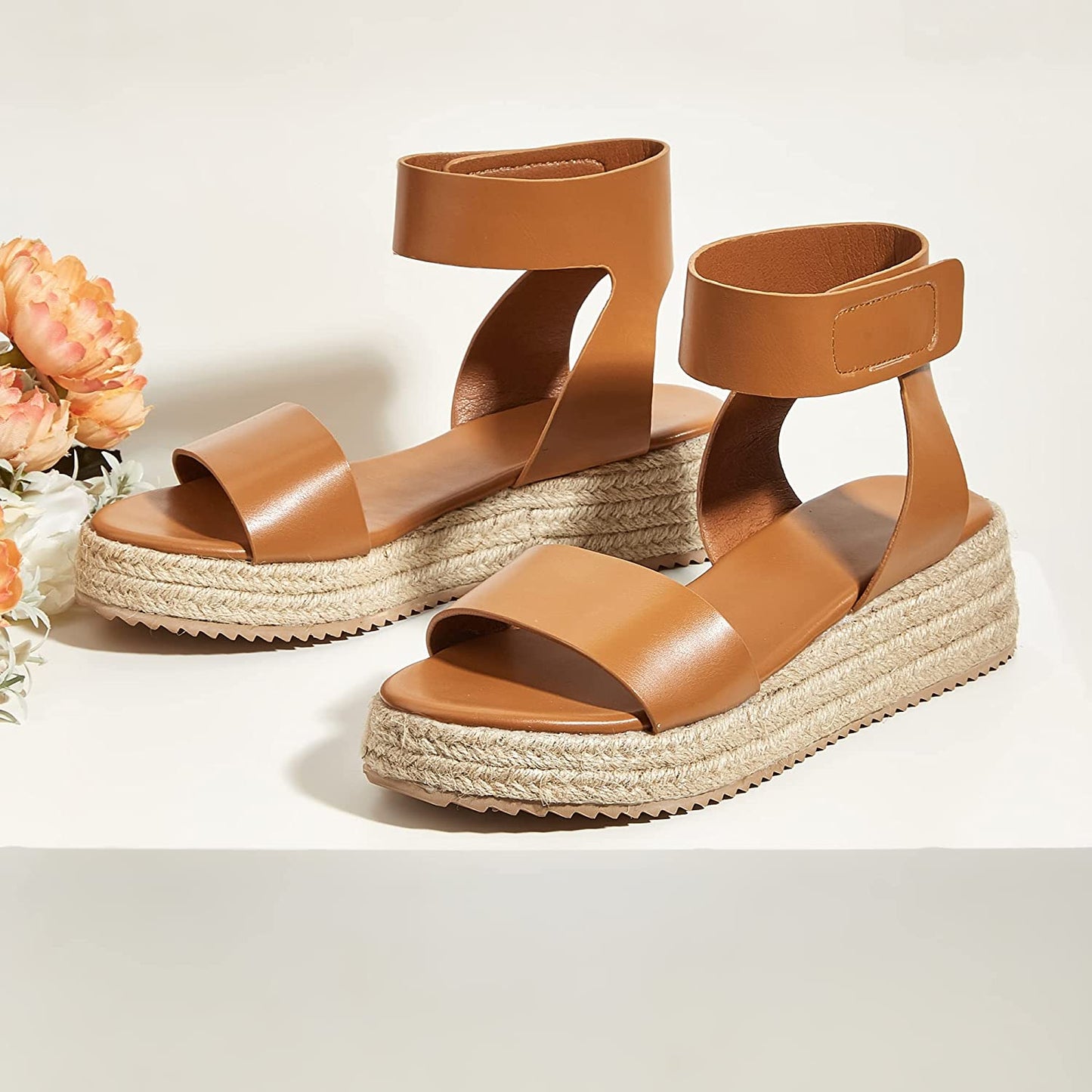 Women's Open Toe Espadrilles Platform Wedge Sandals Ankle Strap Low Heels Hemp Rope Beach Shoes