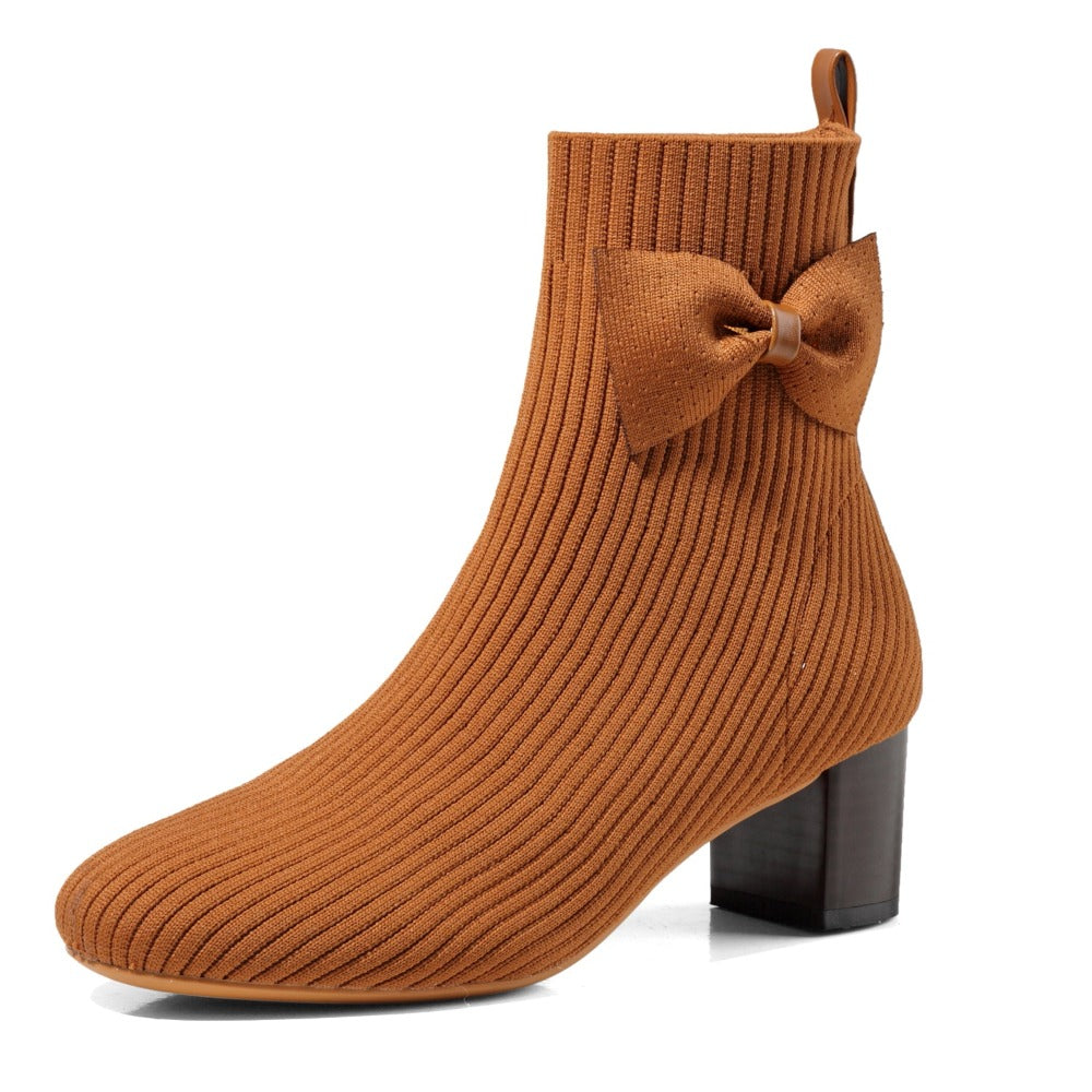 Knitting Glove Ankle Boots With Bowknot