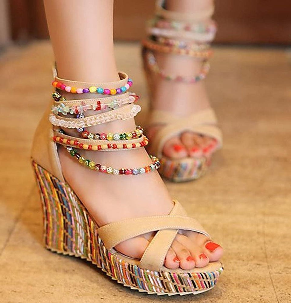 Women Wedge Sandals With Pearls Weave On Platform