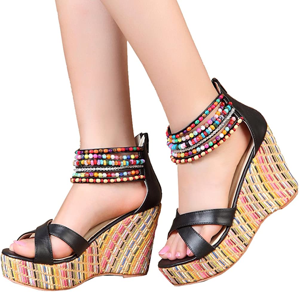 Women Wedge Sandals With Pearls Weave On Platform