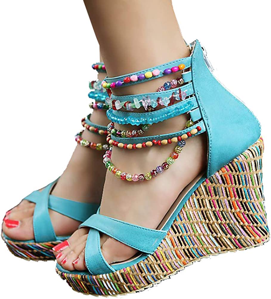 Women Wedge Sandals With Pearls Weave On Platform