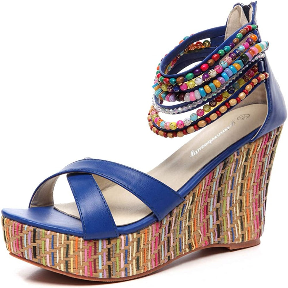 Women Wedge Sandals With Pearls Weave On Platform