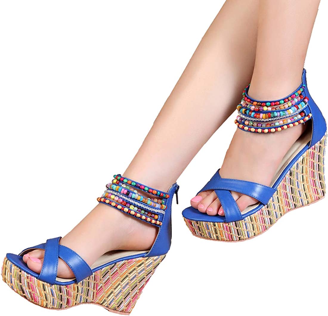 Women Wedge Sandals With Pearls Weave On Platform