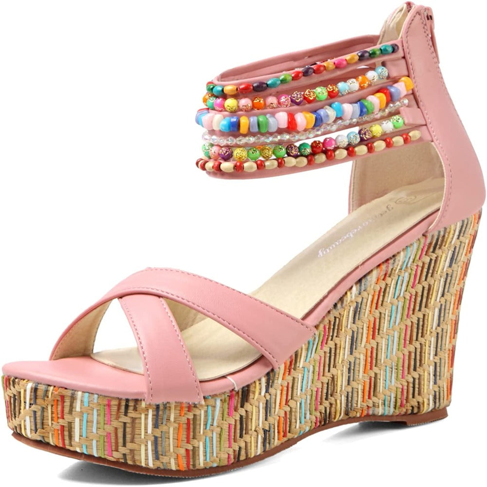 Women Wedge Sandals With Pearls Weave On Platform