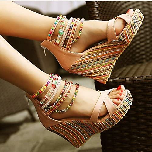 Women Wedge Sandals With Pearls Weave On Platform