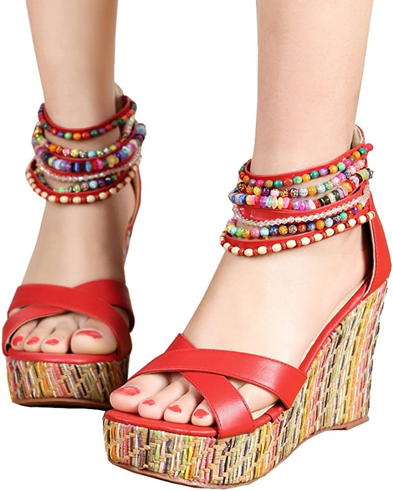 Women Wedge Sandals With Pearls Weave On Platform