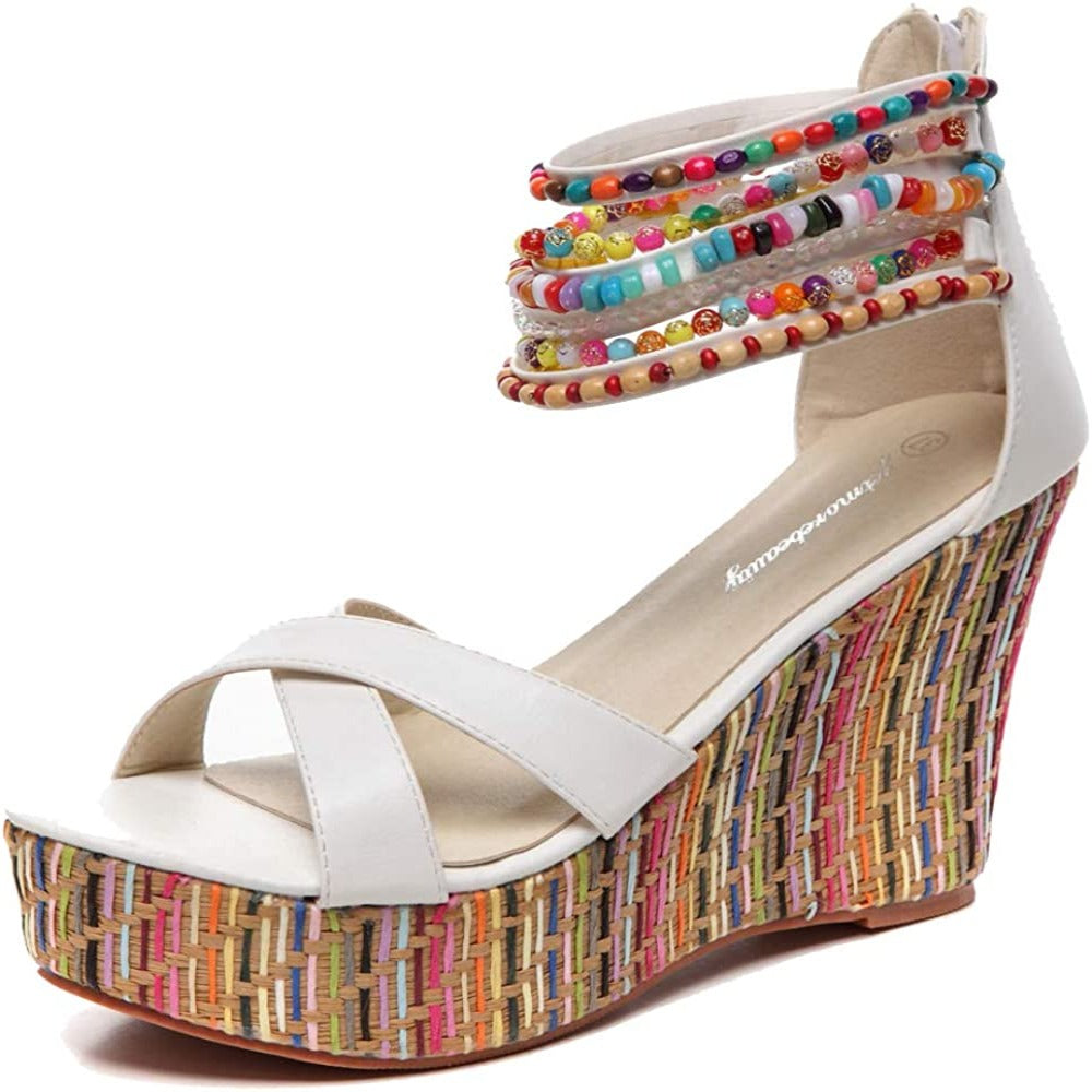 Women Wedge Sandals With Pearls Weave On Platform