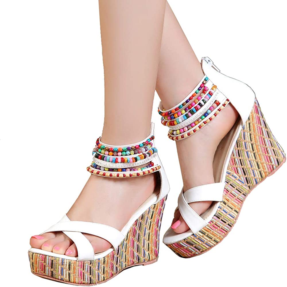 Women Wedge Sandals With Pearls Weave On Platform