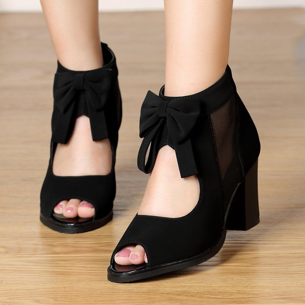 Peep Toe Bows Chunky Heel Vintage Ankle Boots