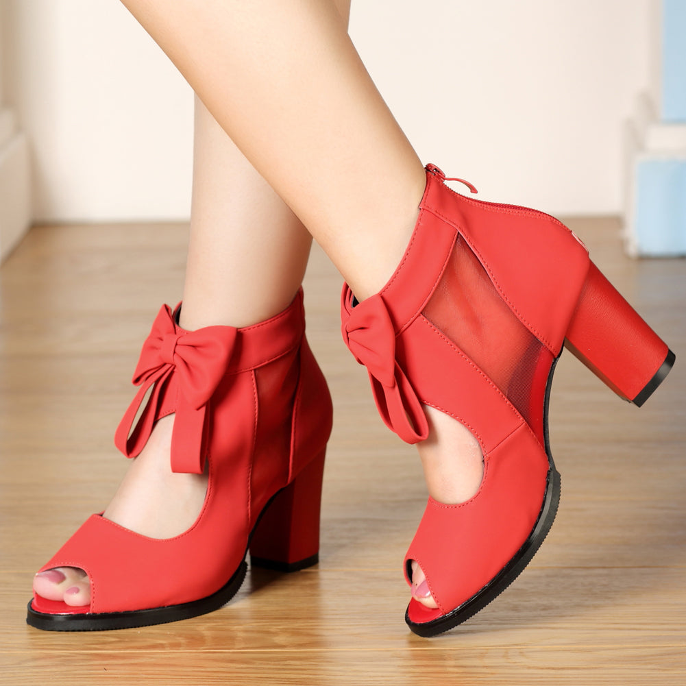 Peep Toe Bows Chunky Heel Vintage Ankle Boots