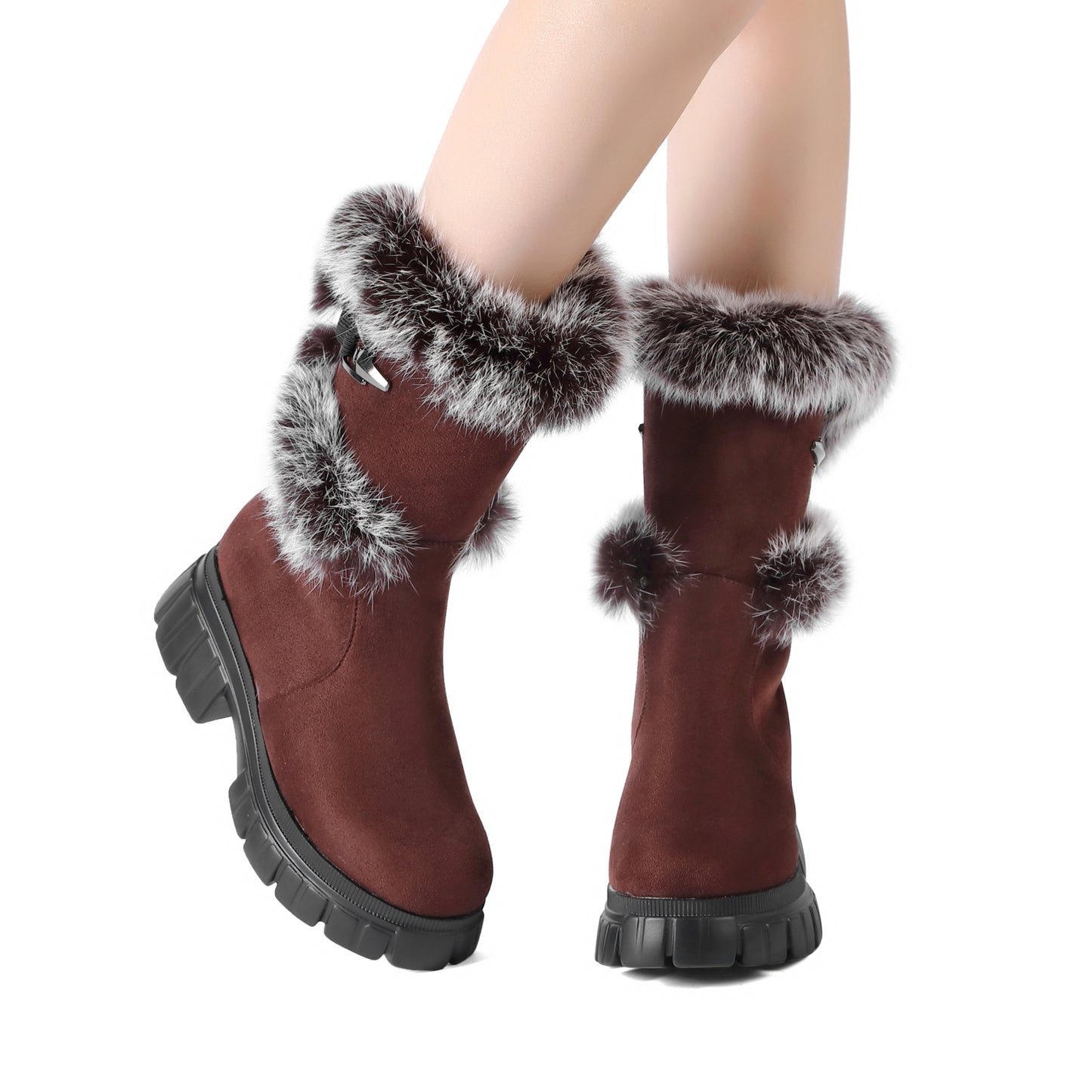 Women's Snow Ankle Boots With Genuine Rabbit Fur Sexy Furry Wedge mid calf Low Heel Winter Boots