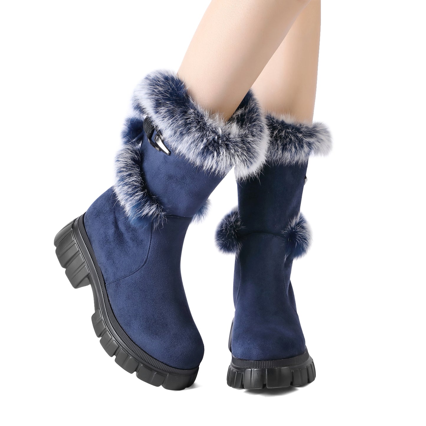 Women's Snow Ankle Boots With Genuine Rabbit Fur Sexy Furry Wedge mid calf Low Heel Winter Boots