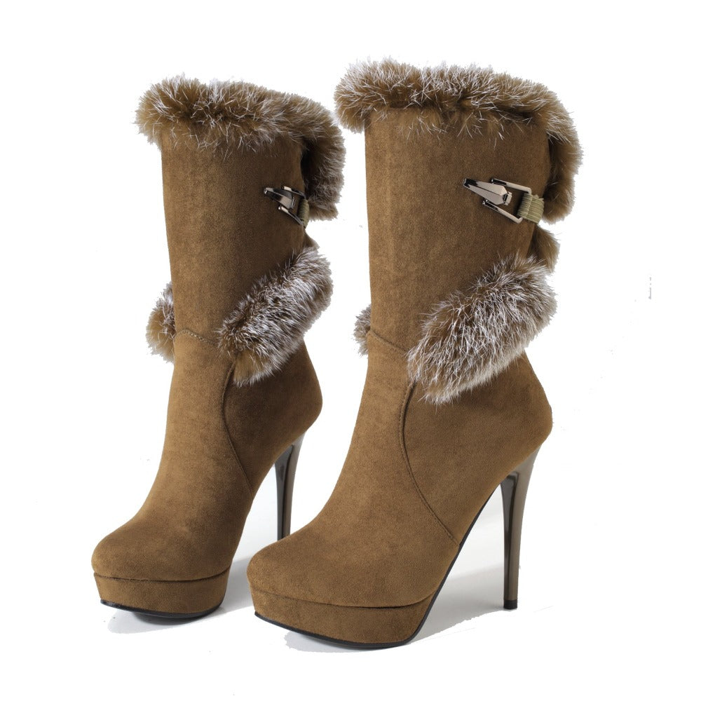 Women's High Heel Mid-Calf Snow Boots